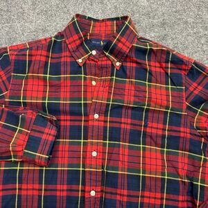 Ralph Lauren Mens L Shirt Red Navy Plaid Long Sleeve Button Down 100% Cotton